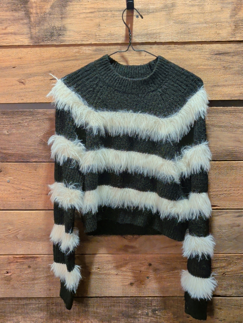 Black Crewneck Sweater with Cream Faux-Fur Stripes